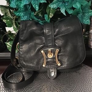 B. Makowsky Black Leather Crossbody Bag | Gold Buckle Accent | Vintage Chic